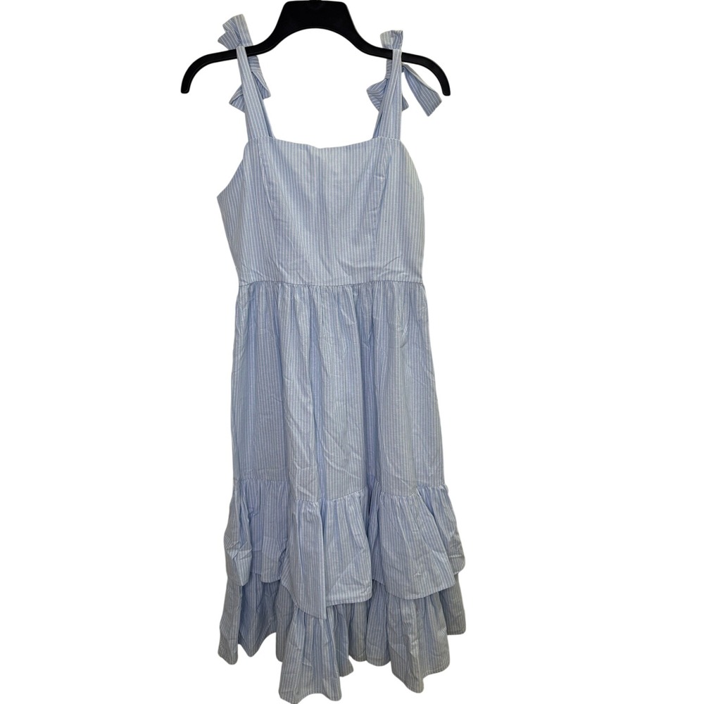 Anthropologie Small Blue Striped Tiered Midi Dress Bow Tie‎ Shoulder Coastal